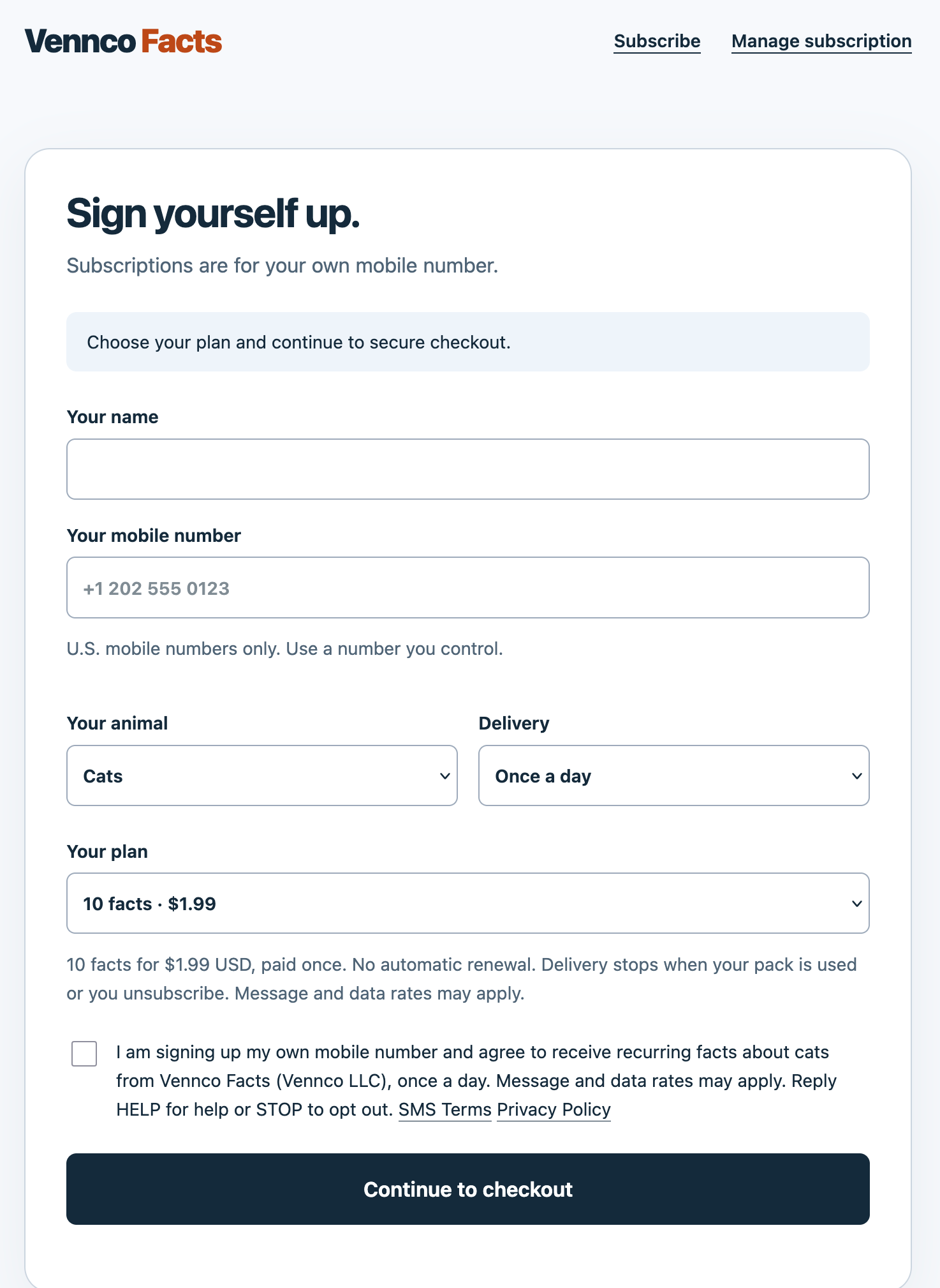 Vennco Facts website showing animal selection, delivery plans, and the unchecked SMS consent box